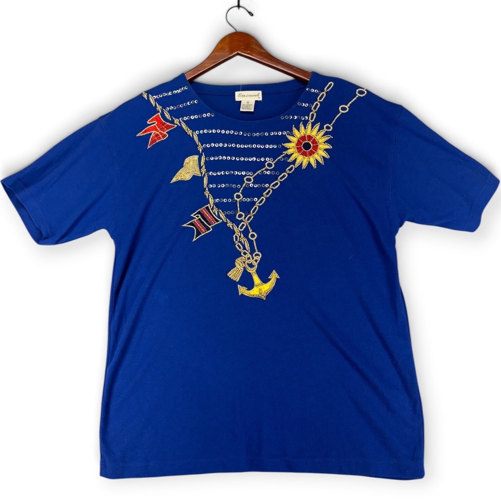 Eminent Nautical Sequin Beaded Anchor Blue Shirt Women M Coastal Grandma Vintage